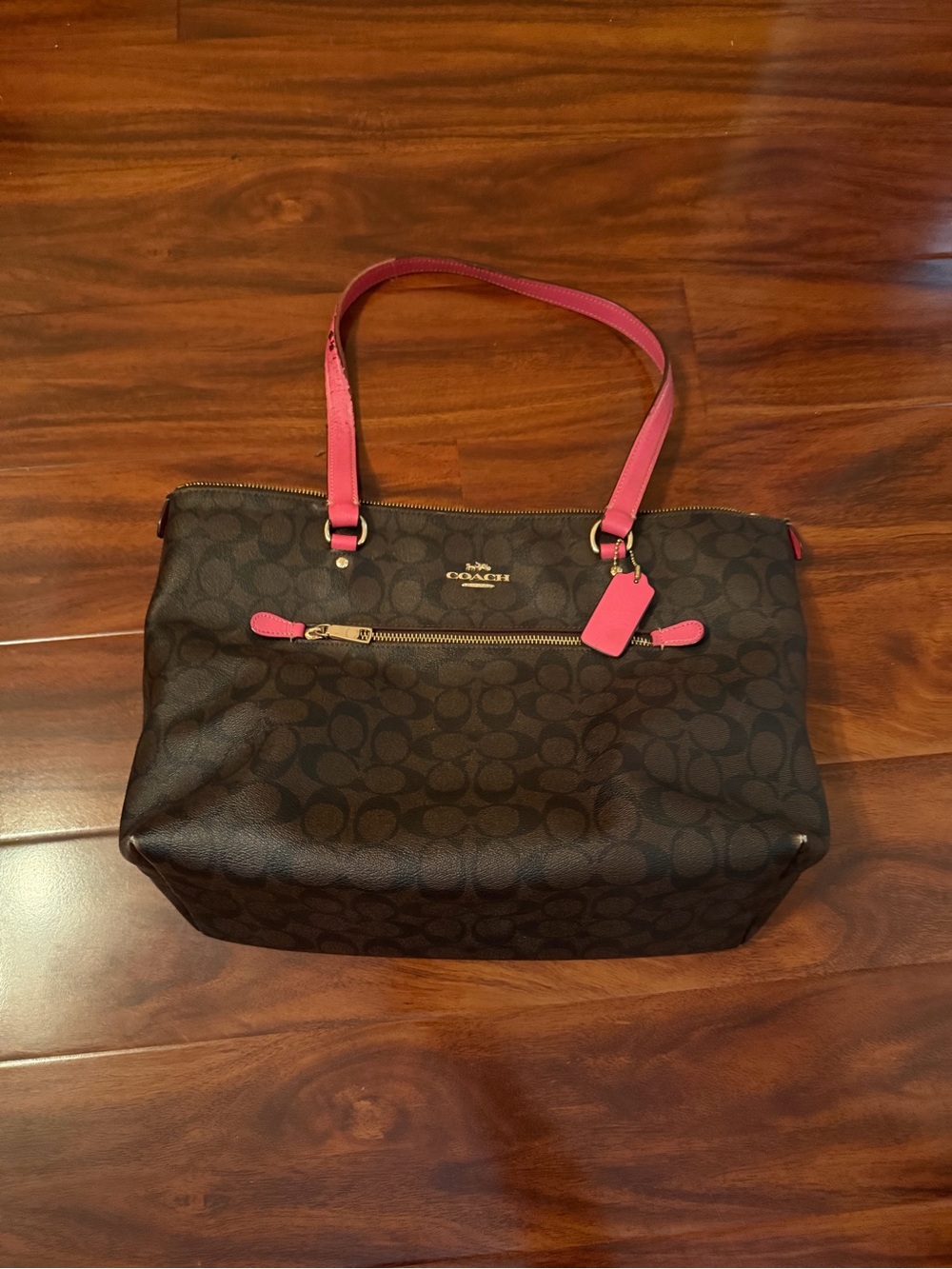 Coach Brown Signature Tote with Pink Handles